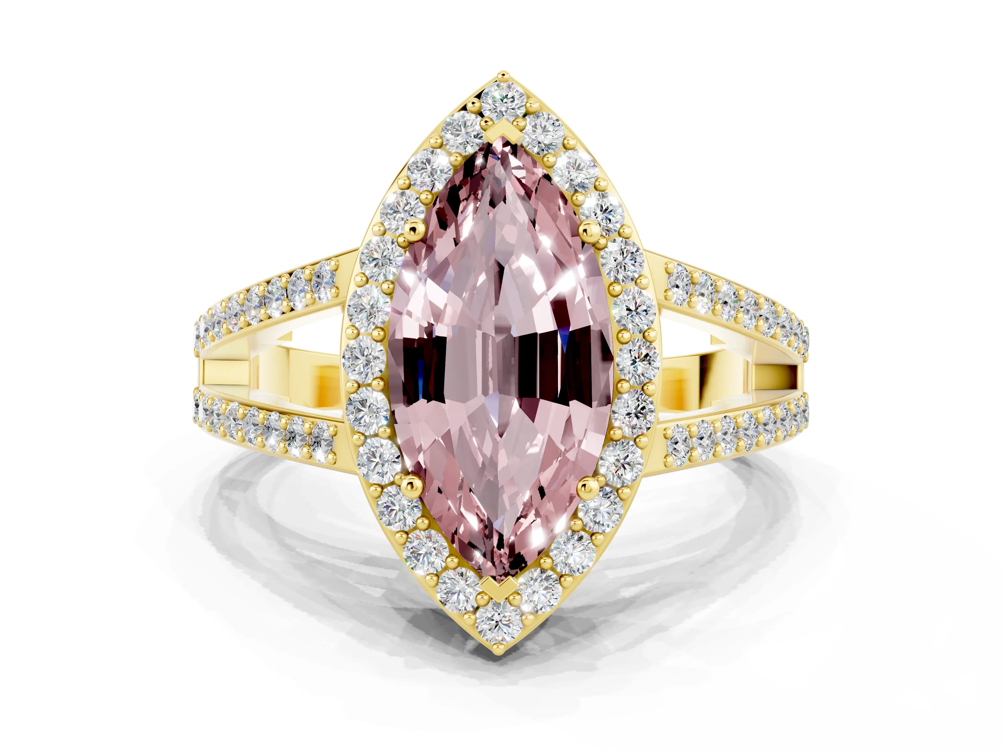 Yellow gold Marquise Cut Morganite Halo Ring with Split Shank U-Prong Band and Four-Prong Setting
