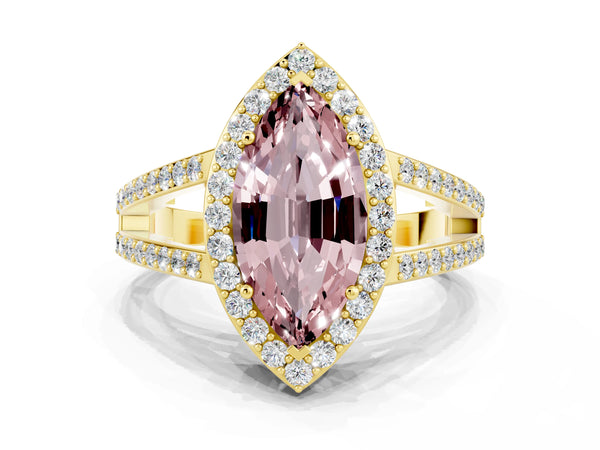 Yellow gold Marquise Cut Morganite Halo Ring with Split Shank U-Prong Band and Four-Prong Setting