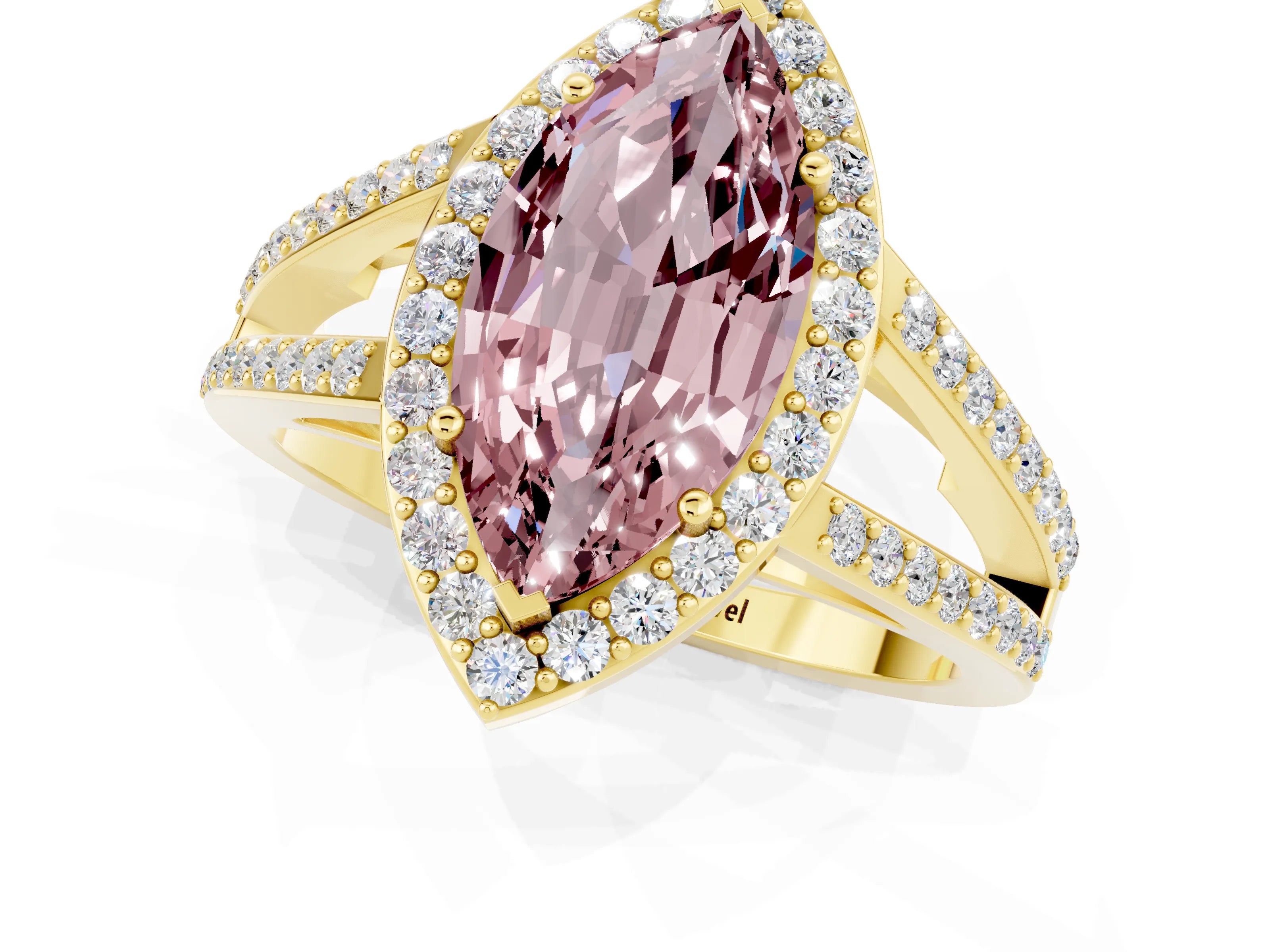 Yellow gold Marquise Cut Morganite Halo Ring with Split Shank U-Prong Band and Four-Prong Setting_1