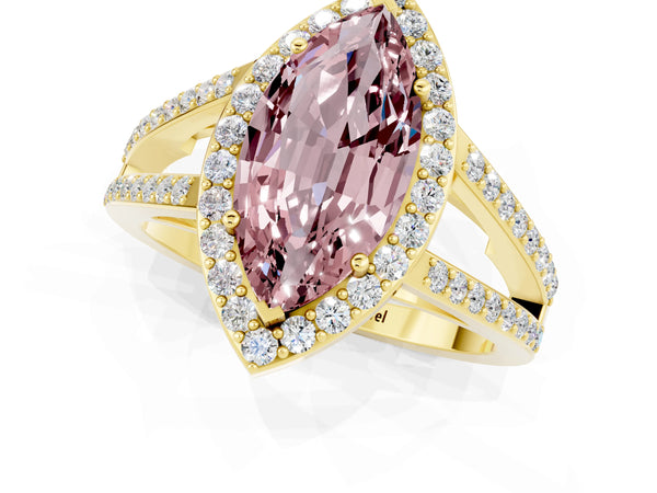Yellow gold Marquise Cut Morganite Halo Ring with Split Shank U-Prong Band and Four-Prong Setting