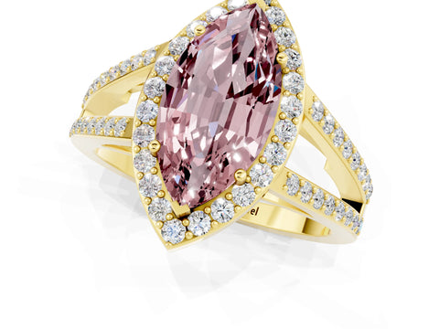 Yellow gold Marquise Cut Morganite Halo Ring with Split Shank U-Prong Band and Four-Prong Setting_1