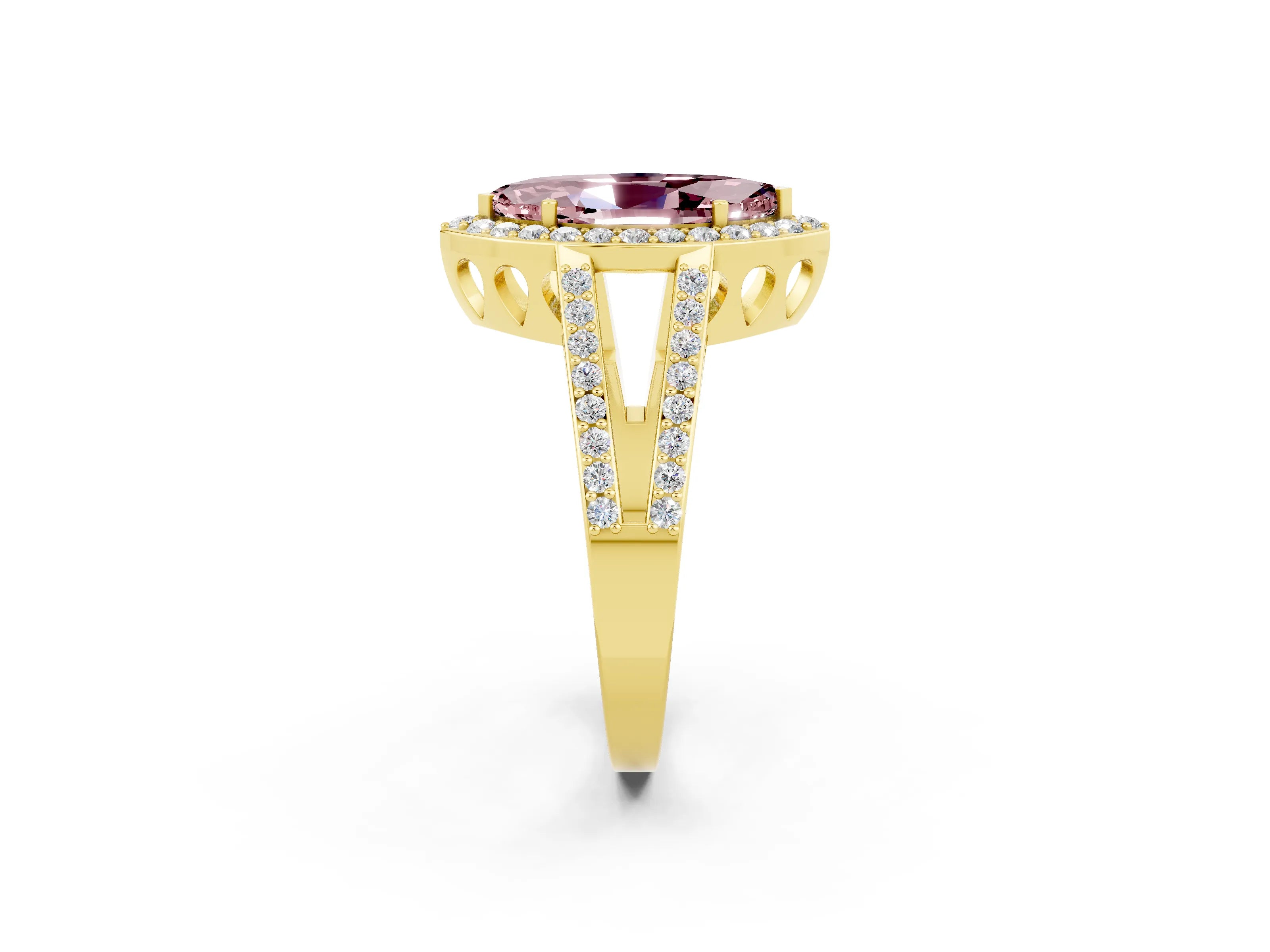 Yellow gold Marquise Cut Morganite Halo Ring with Split Shank U-Prong Band and Four-Prong Setting_2