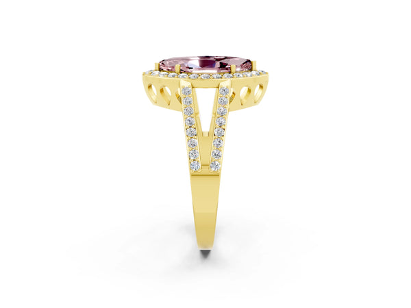 Yellow gold Marquise Cut Morganite Halo Ring with Split Shank U-Prong Band and Four-Prong Setting
