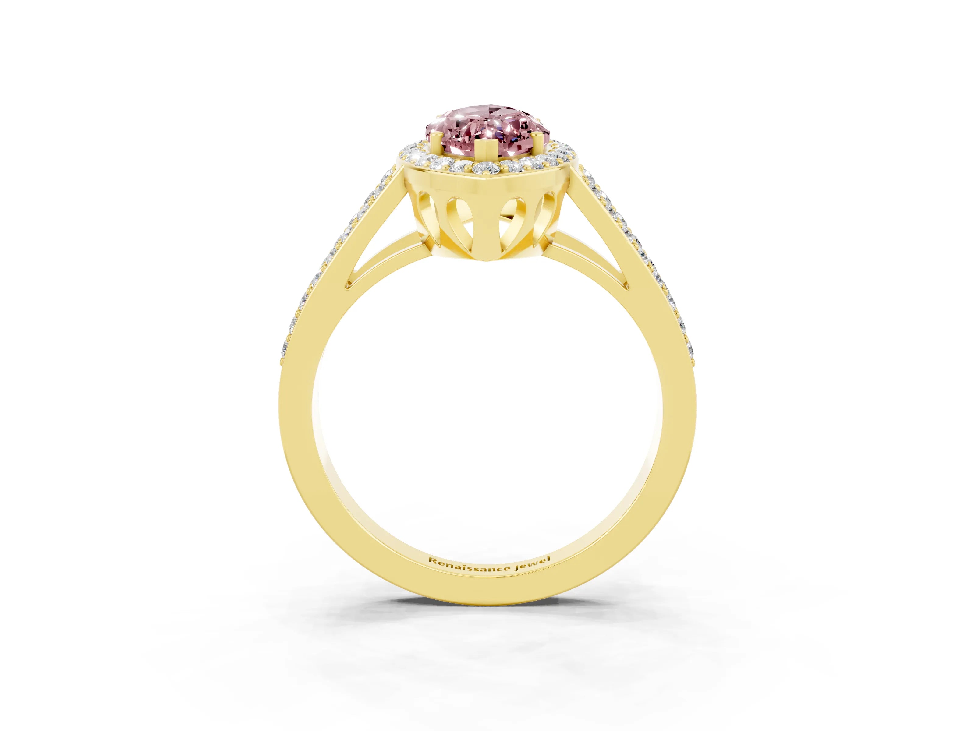 Yellow gold Marquise Cut Morganite Halo Ring with Split Shank U-Prong Band and Four-Prong Setting_3