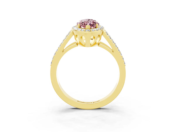Yellow gold Marquise Cut Morganite Halo Ring with Split Shank U-Prong Band and Four-Prong Setting