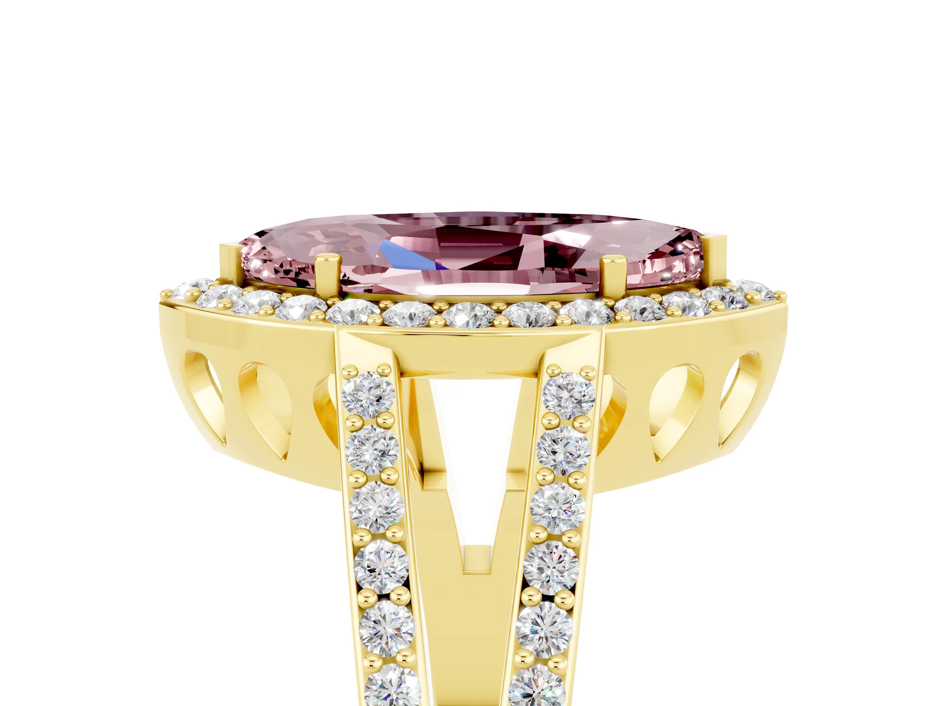 Yellow gold Marquise Cut Morganite Halo Ring with Split Shank U-Prong Band and Four-Prong Setting_5