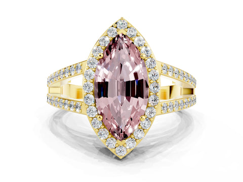 Yellow gold Marquise Cut Morganite Halo Ring with Split Shank U-Prong Band and Four-Prong Setting