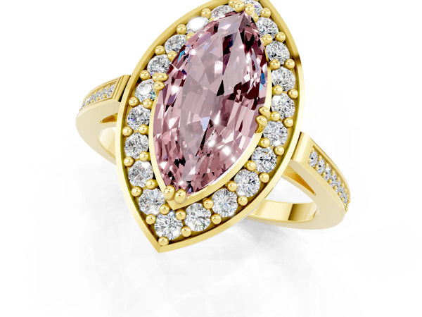 Yellow gold Marquise Cut Morganite Halo Ring with Split Shank and Four-Prong Setting