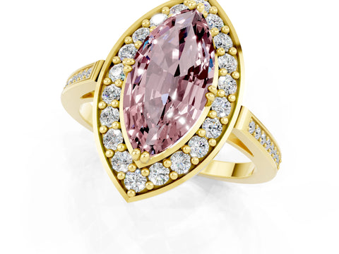 Yellow gold Marquise Cut Morganite Halo Ring with Split Shank and Four-Prong Setting_1