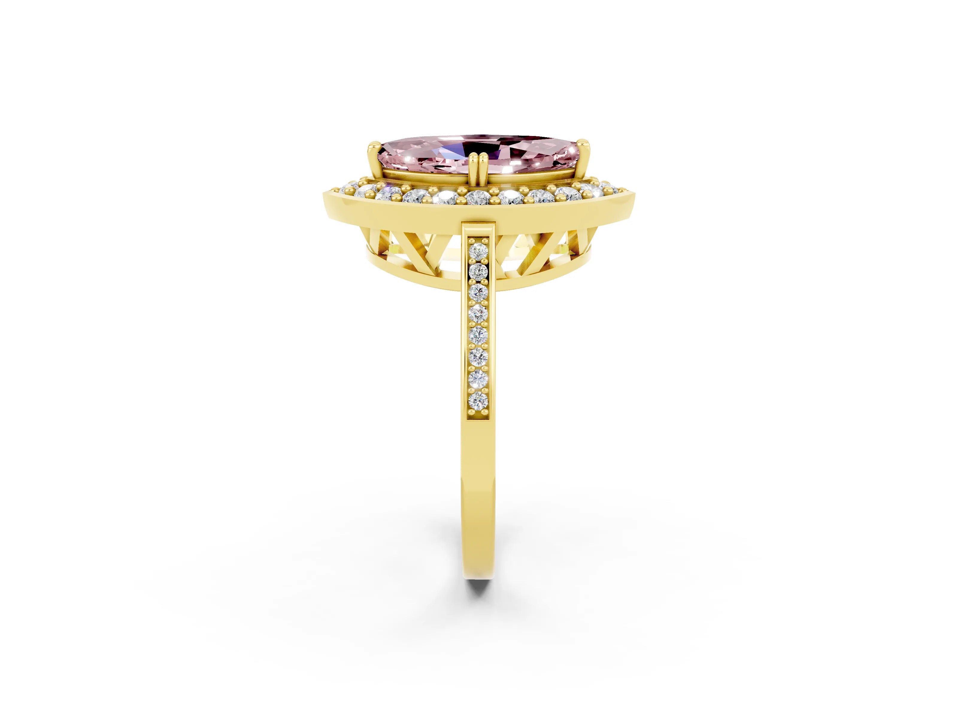 Yellow gold Marquise Cut Morganite Halo Ring with Split Shank and Four-Prong Setting_2