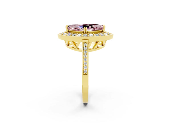 Yellow gold Marquise Cut Morganite Halo Ring with Split Shank and Four-Prong Setting