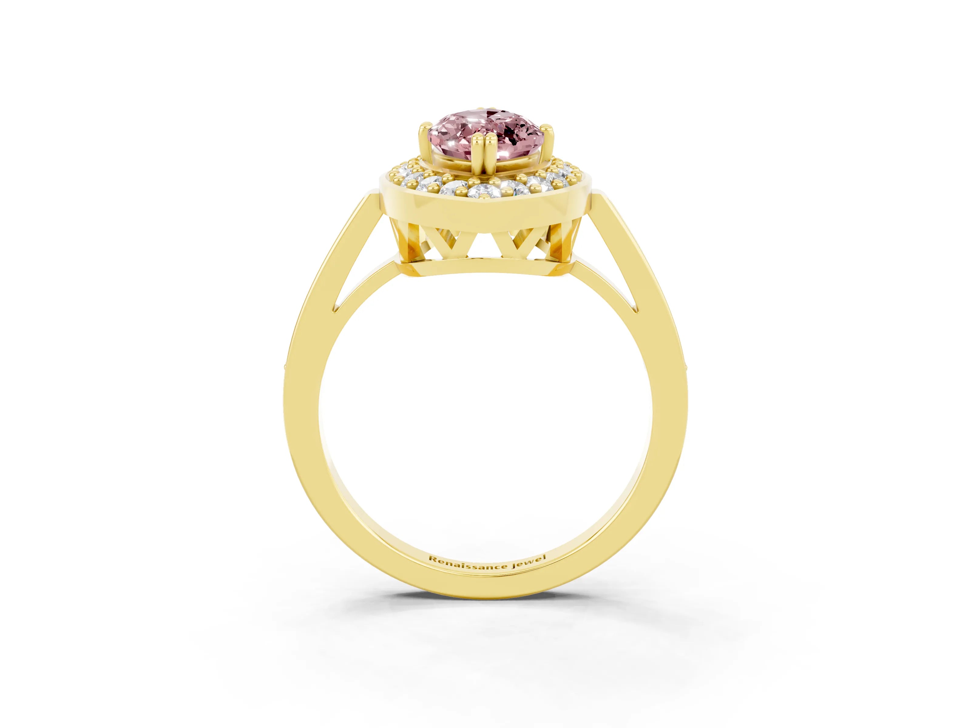 Yellow gold Marquise Cut Morganite Halo Ring with Split Shank and Four-Prong Setting_3