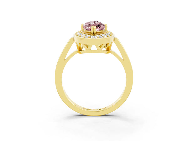 Yellow gold Marquise Cut Morganite Halo Ring with Split Shank and Four-Prong Setting