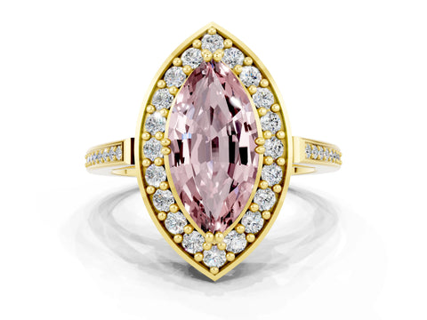 Yellow gold Marquise Cut Morganite Halo Ring with Split Shank and Four-Prong Setting