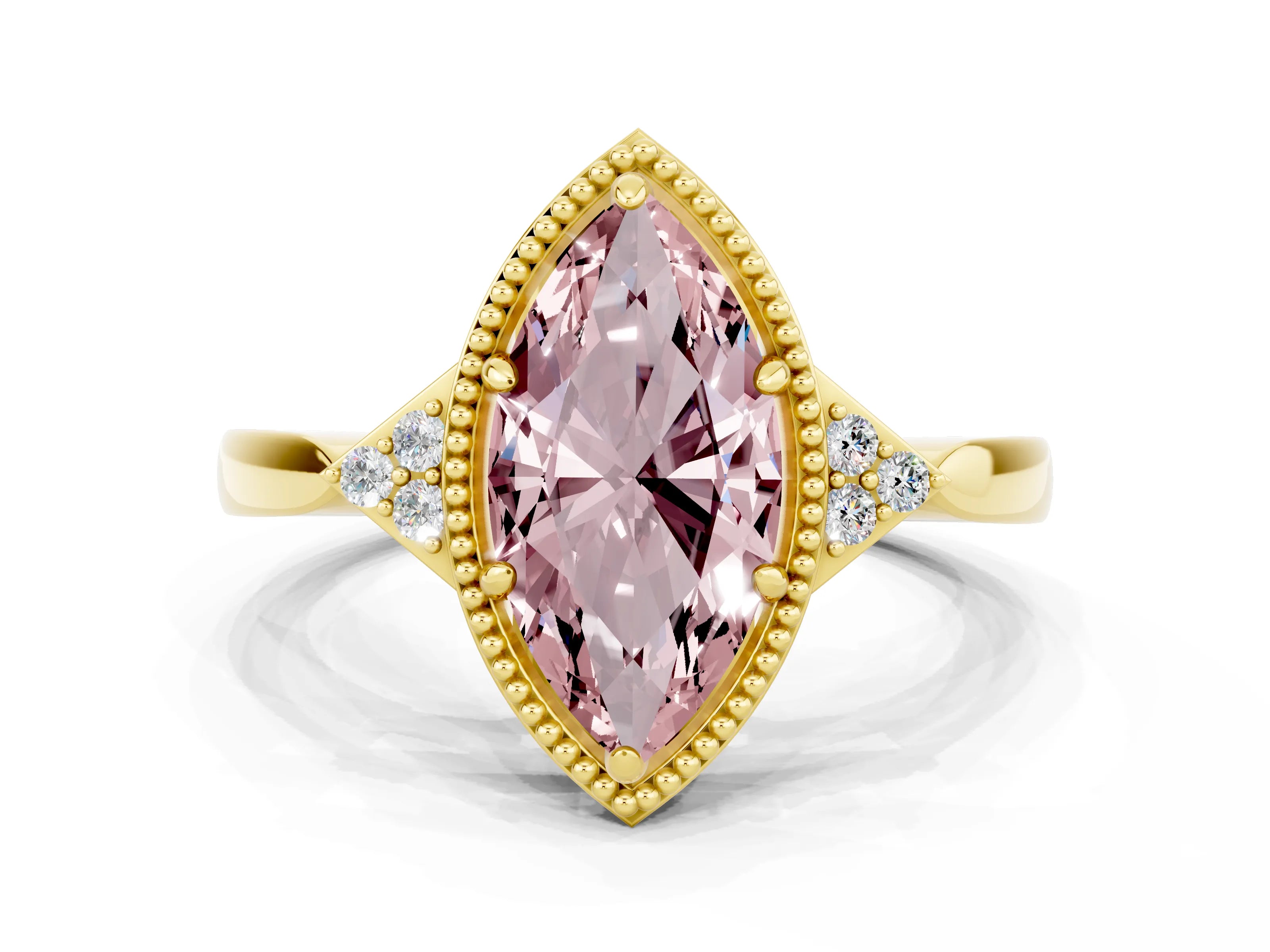 Yellow gold Marquise Cut Morganite Halo Ring with Tapered Band and Four-Prong Setting