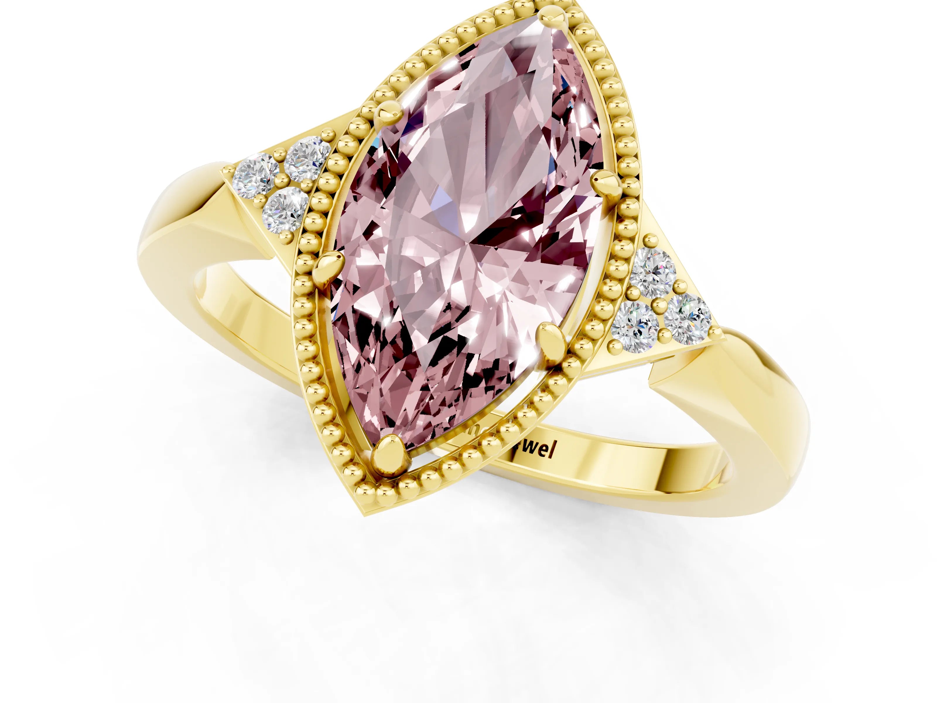 Yellow gold Marquise Cut Morganite Halo Ring with Tapered Band and Four-Prong Setting_1