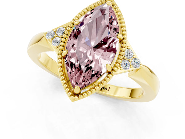 Yellow gold Marquise Cut Morganite Halo Ring with Tapered Band and Four-Prong Setting