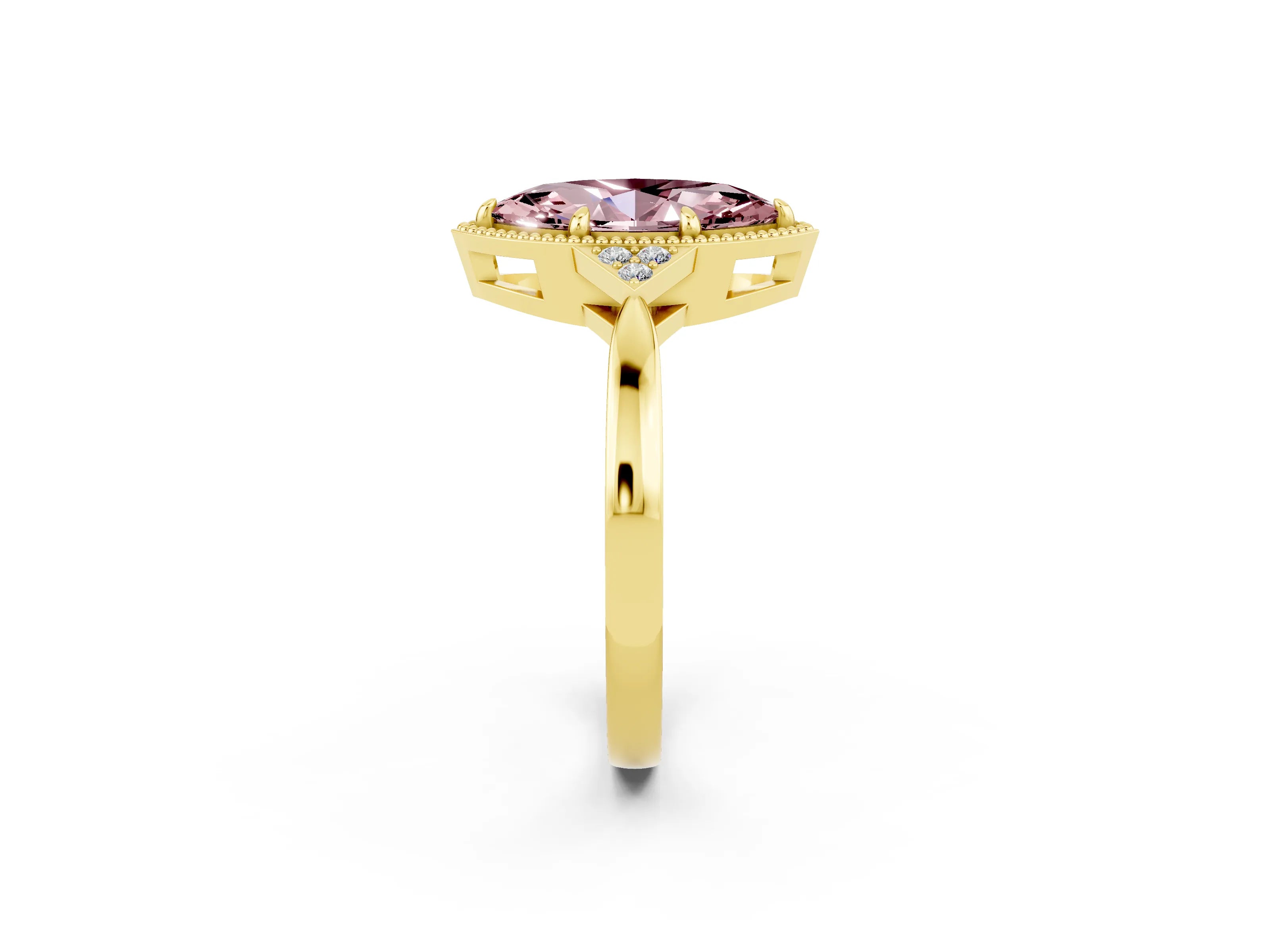 Yellow gold Marquise Cut Morganite Halo Ring with Tapered Band and Four-Prong Setting_2