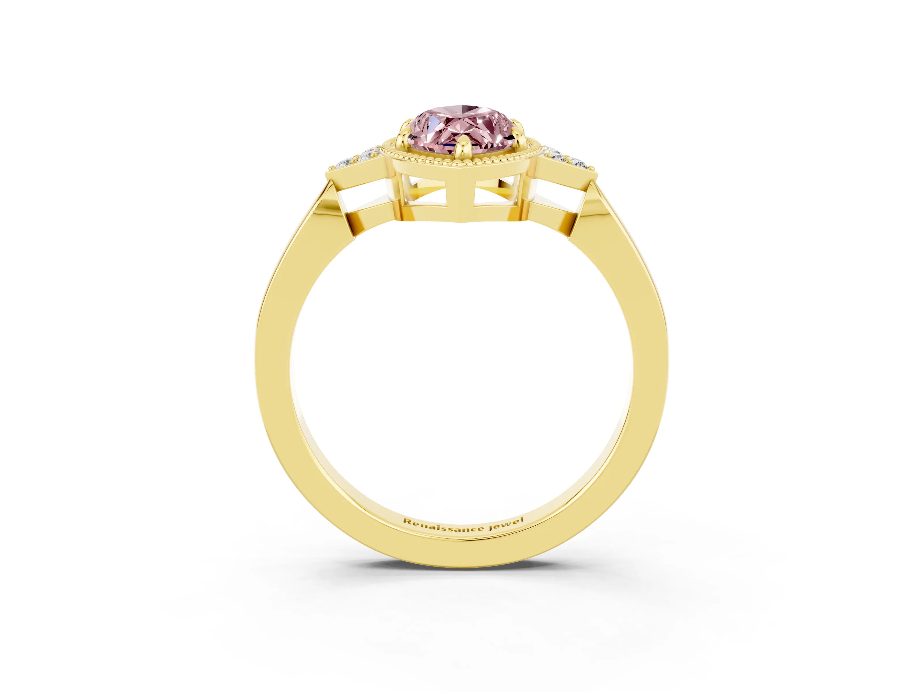 Yellow gold Marquise Cut Morganite Halo Ring with Tapered Band and Four-Prong Setting_3
