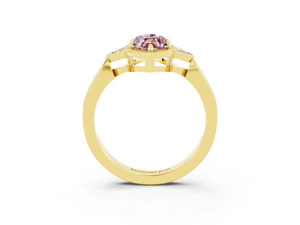 Yellow gold Marquise Cut Morganite Halo Ring with Tapered Band and Four-Prong Setting