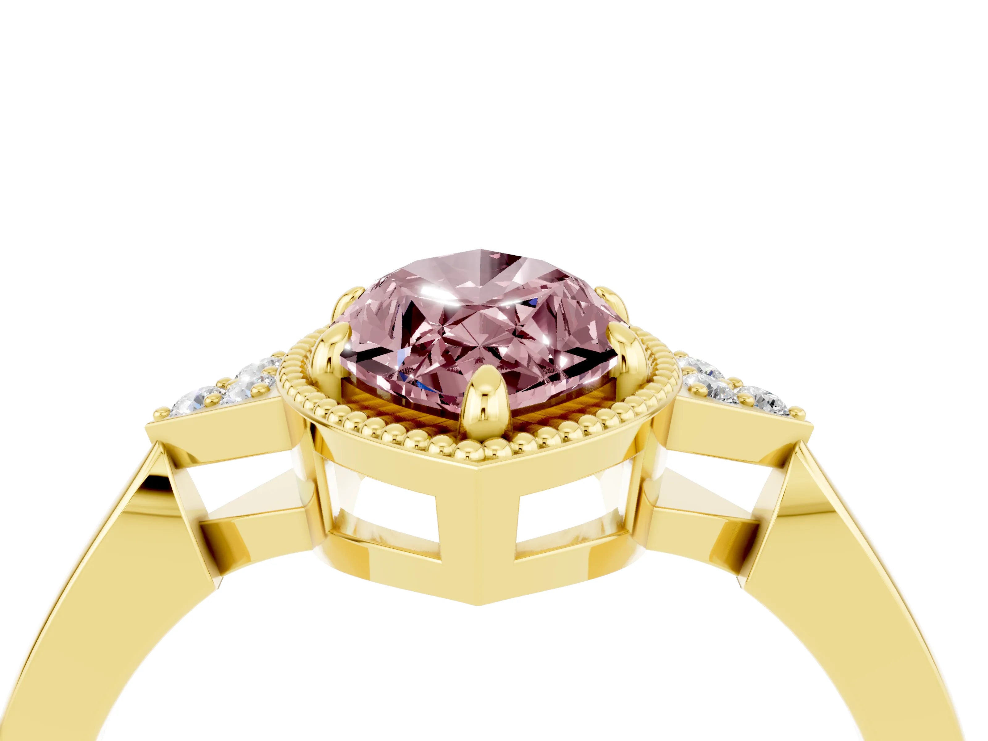 Yellow gold Marquise Cut Morganite Halo Ring with Tapered Band and Four-Prong Setting_4