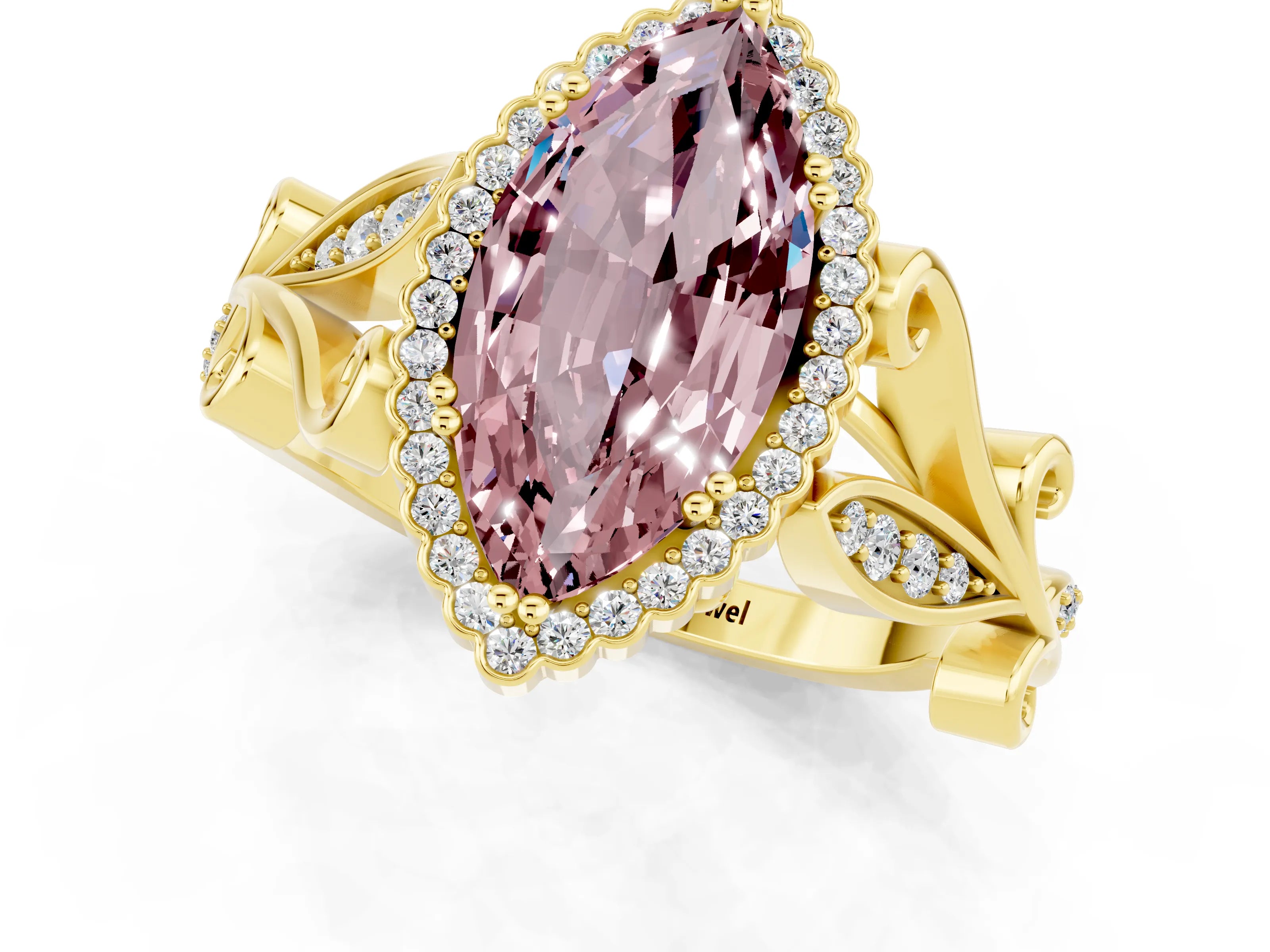Yellow gold Marquise Cut Morganite Halo Ring with Vintage Split Shank and Four-Prong Setting_1