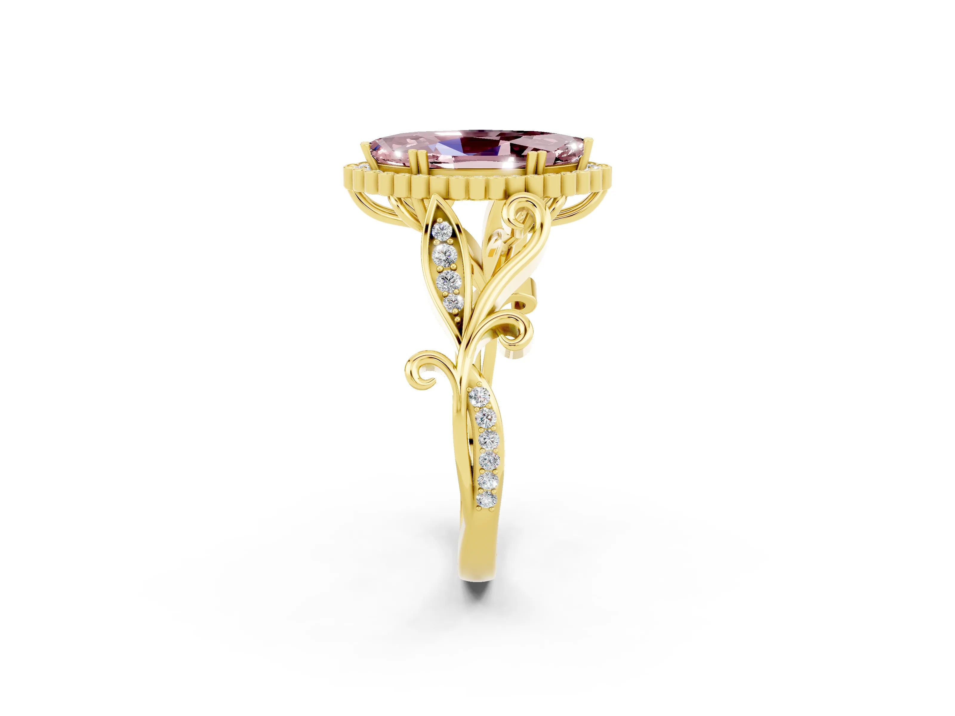 Yellow gold Marquise Cut Morganite Halo Ring with Vintage Split Shank and Four-Prong Setting_2