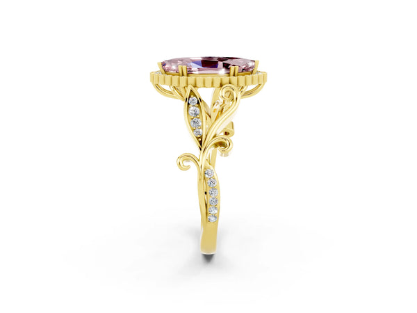 Yellow gold Marquise Cut Morganite Halo Ring with Vintage Split Shank and Four-Prong Setting