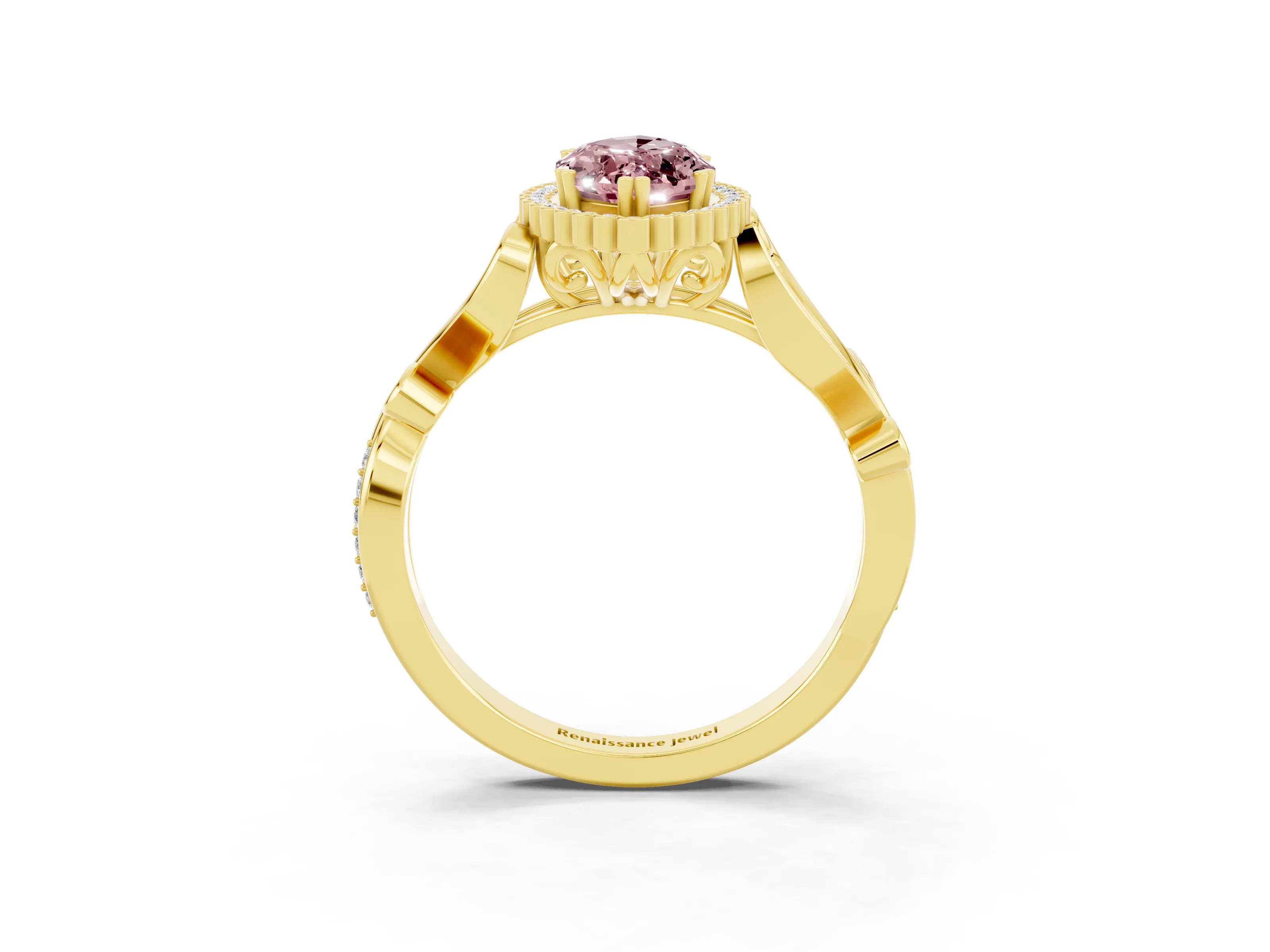 Yellow gold Marquise Cut Morganite Halo Ring with Vintage Split Shank and Four-Prong Setting_3