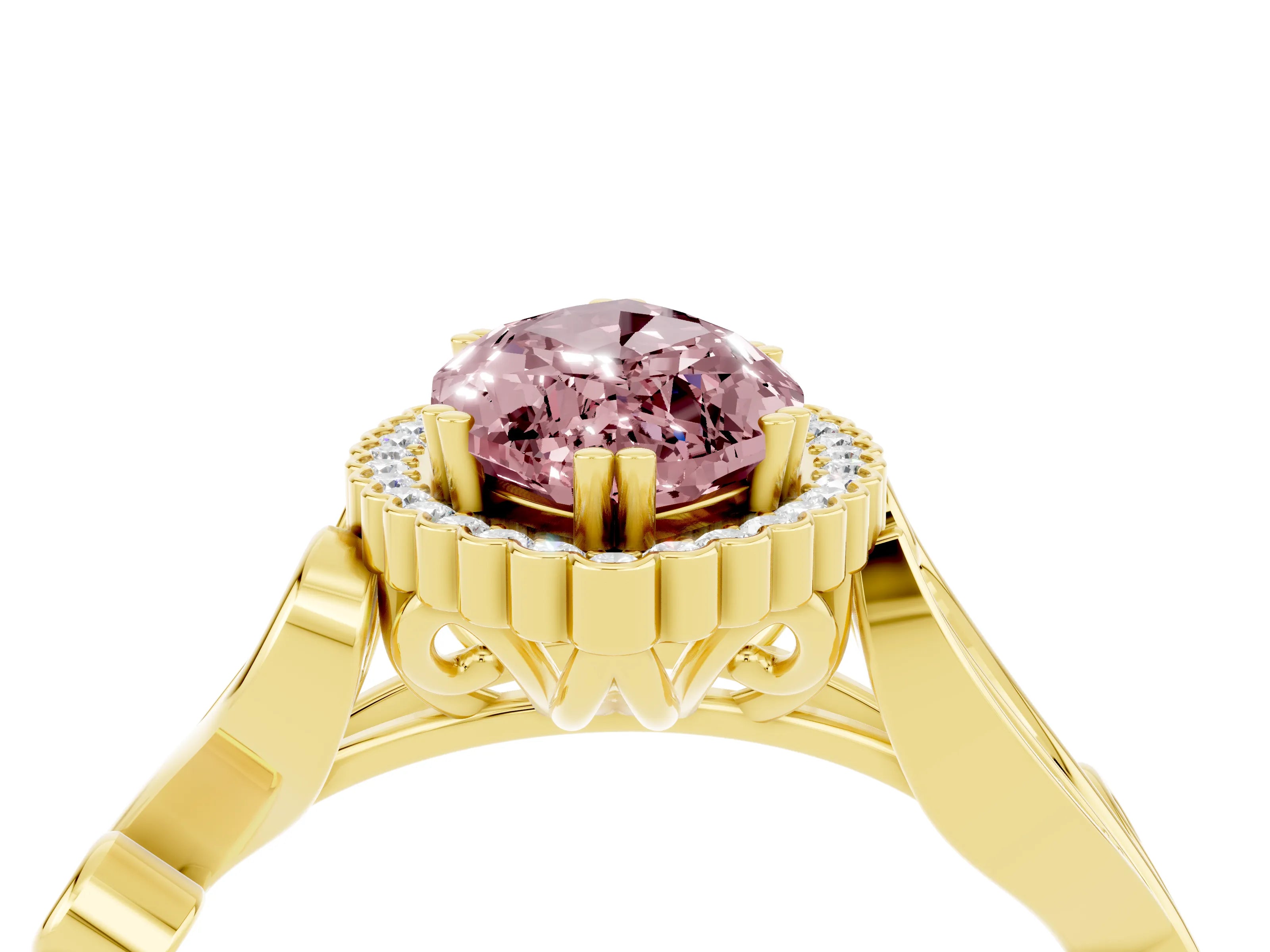 Yellow gold Marquise Cut Morganite Halo Ring with Vintage Split Shank and Four-Prong Setting_4