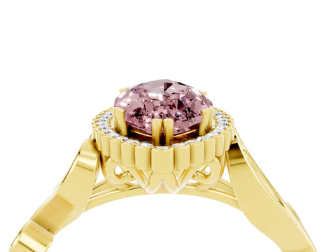 Yellow gold Marquise Cut Morganite Halo Ring with Vintage Split Shank and Four-Prong Setting_4