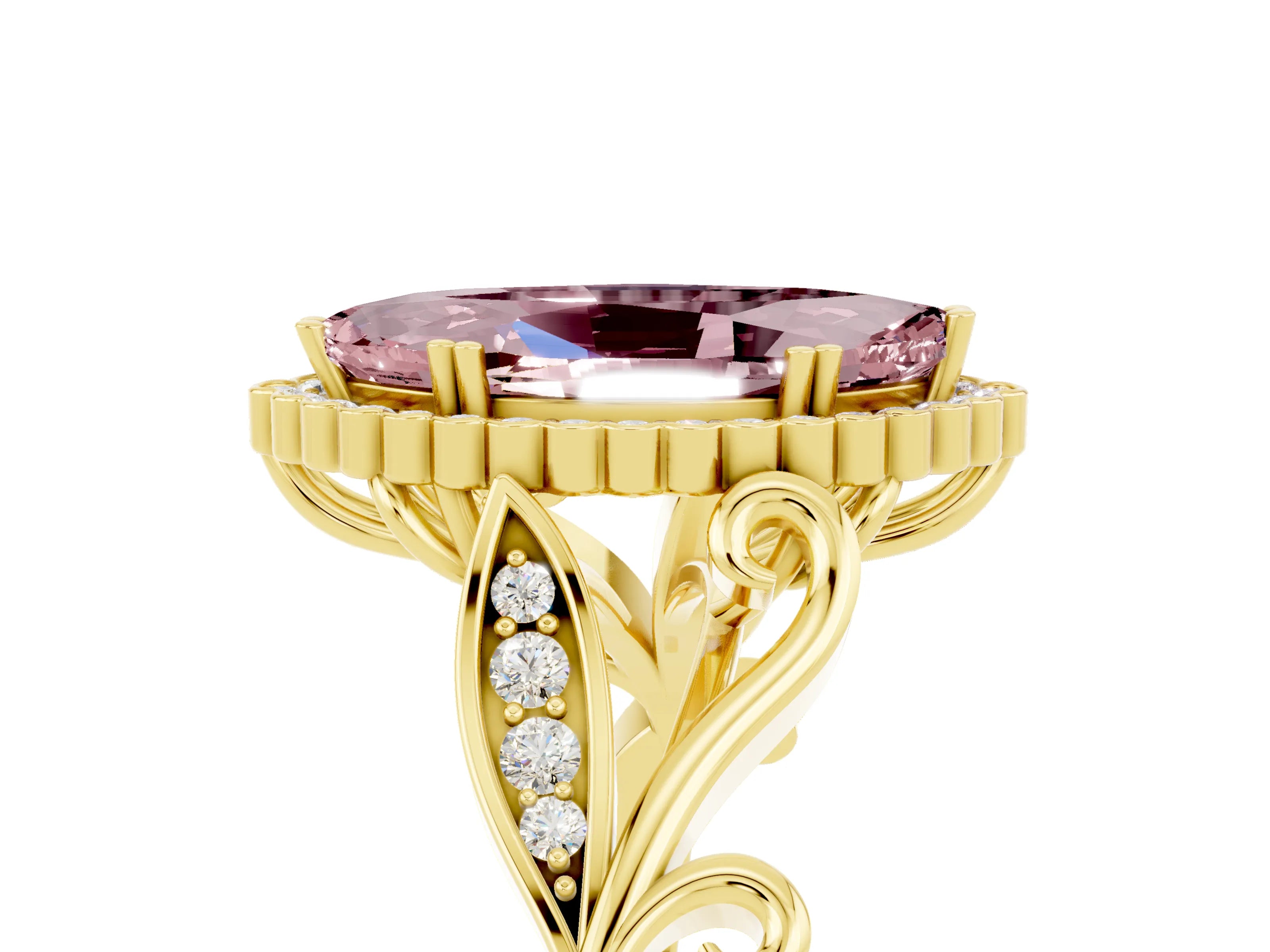 Yellow gold Marquise Cut Morganite Halo Ring with Vintage Split Shank and Four-Prong Setting_5