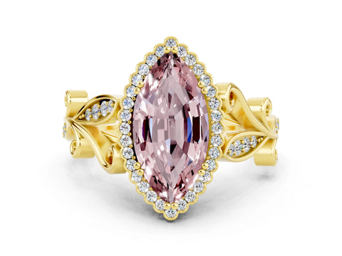 Yellow gold Marquise Cut Morganite Halo Ring with Vintage Split Shank and Four-Prong Setting