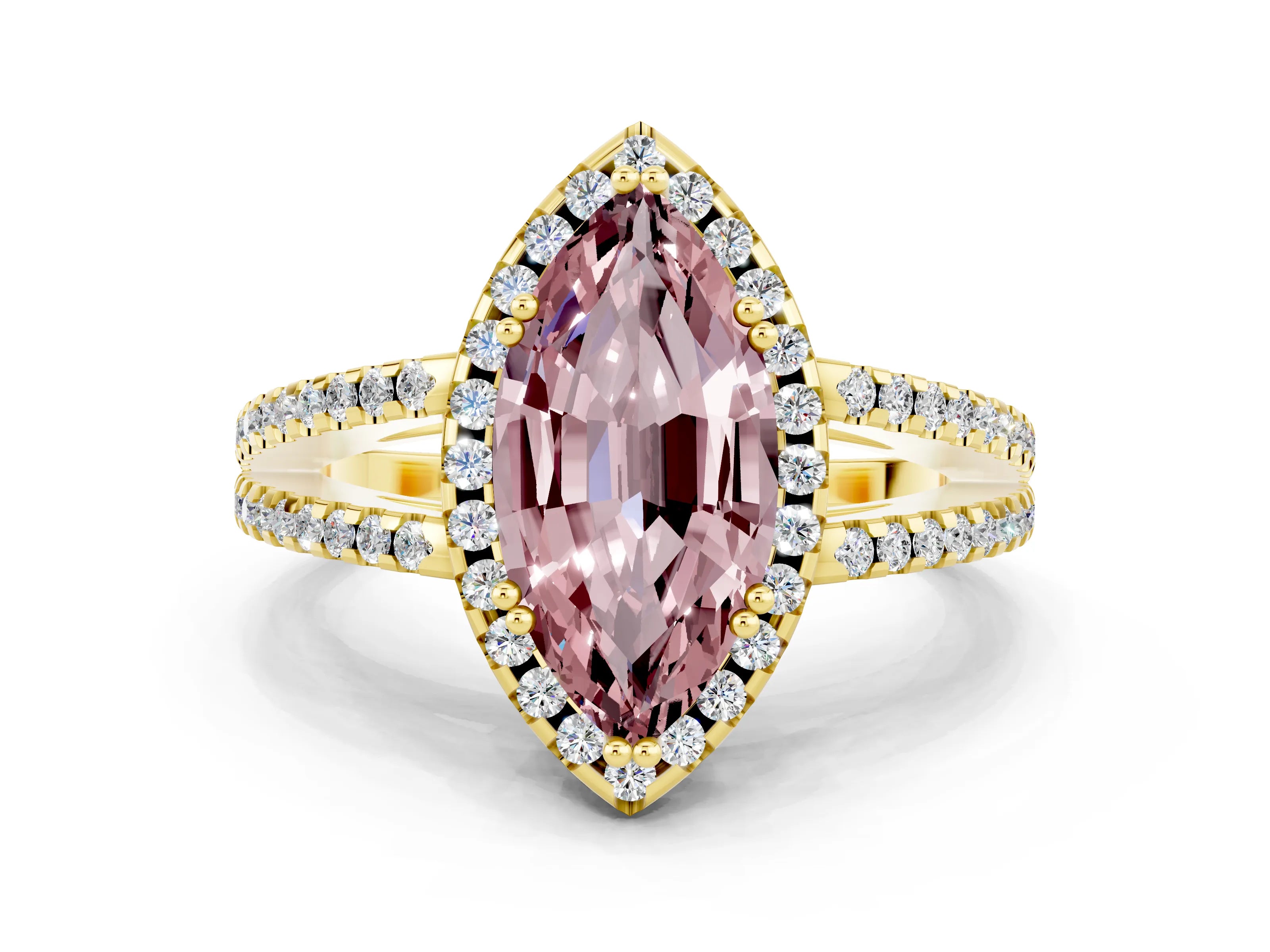 Yellow gold Marquise Cut Morganite Halo Split Shank Engagement Ring_12