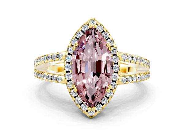 Yellow gold Marquise Cut Morganite Halo Split Shank Engagement Ring