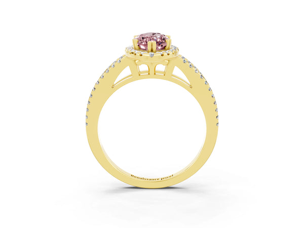 Yellow gold Marquise Cut Morganite Halo Split Shank Engagement Ring