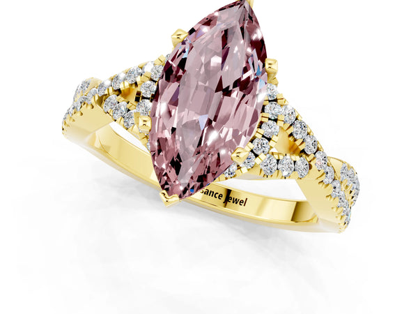 Yellow gold Marquise Cut Morganite  Halo Twist Band Solitaire Prong Setting Ring
