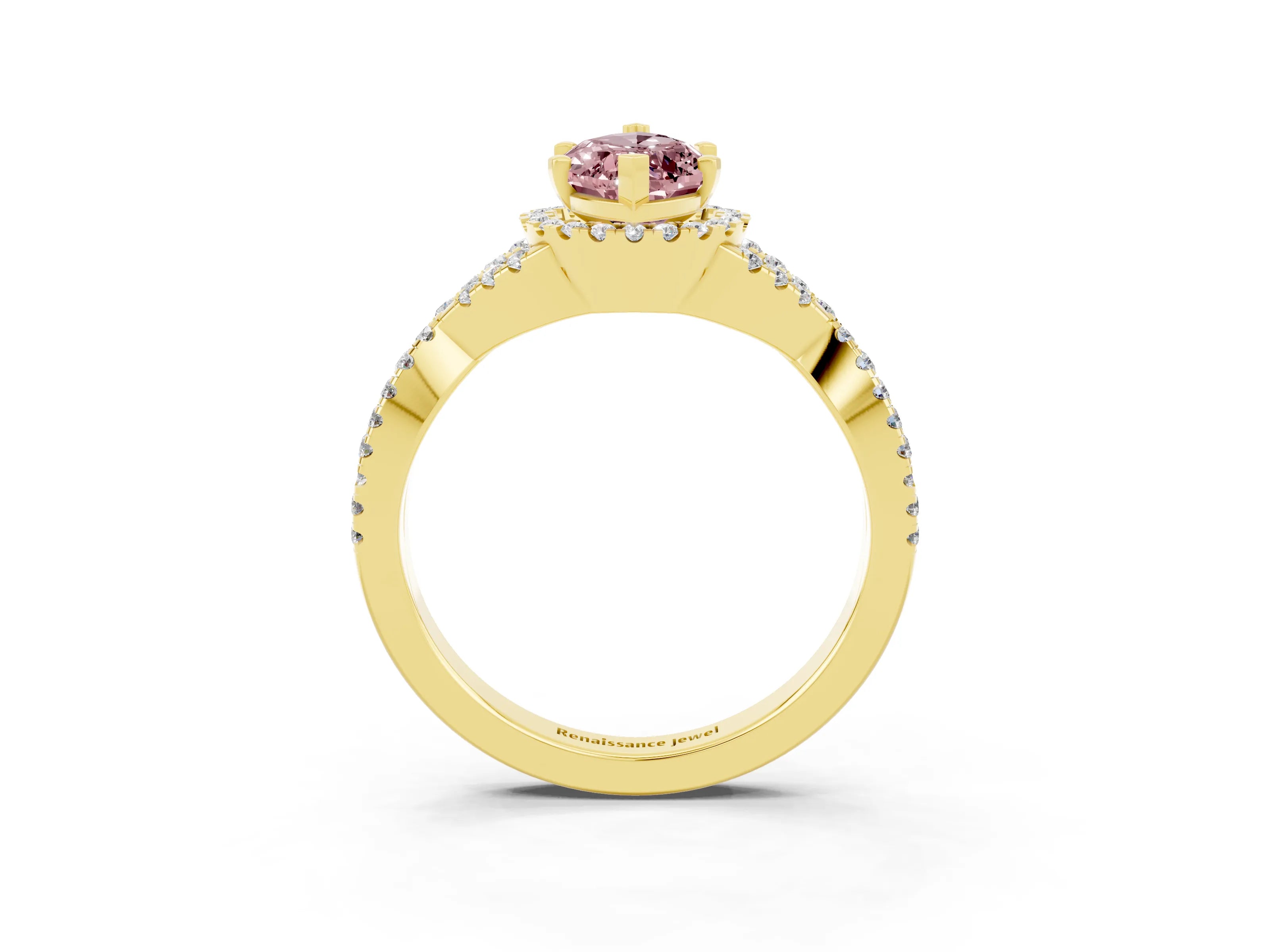 Yellow gold Marquise Cut Morganite Halo Twist Band Solitaire Prong Setting Ring_3