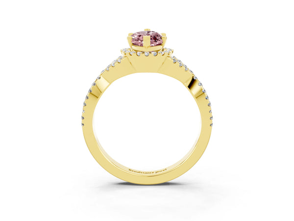Yellow gold Marquise Cut Morganite  Halo Twist Band Solitaire Prong Setting Ring