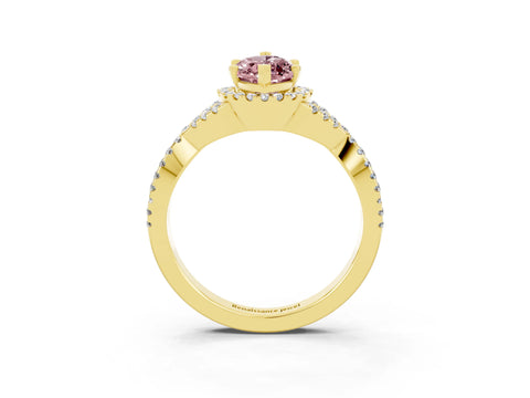 Yellow gold Marquise Cut Morganite Halo Twist Band Solitaire Prong Setting Ring_3