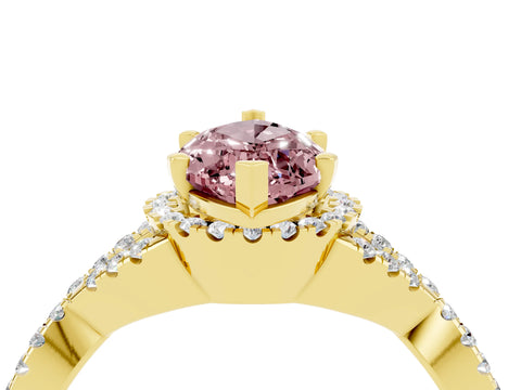 Yellow gold Marquise Cut Morganite Halo Twist Band Solitaire Prong Setting Ring_4