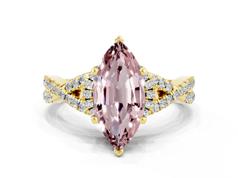Yellow gold Marquise Cut Morganite Halo Twist Band Solitaire Prong Setting Ring