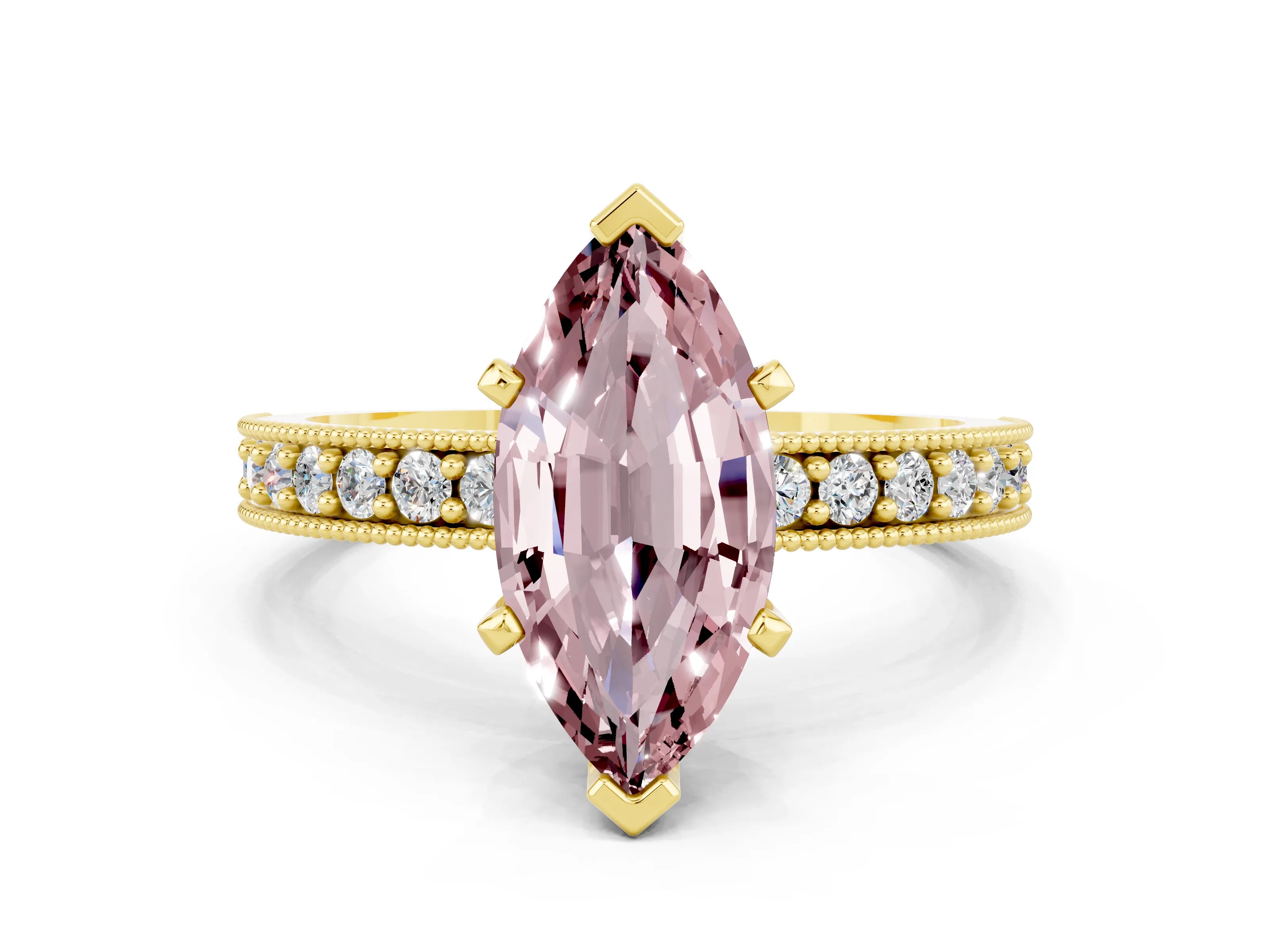 Yellow gold Marquise Cut Morganite Milgrain Pavé Engagement Ring with Four-Prong Setting