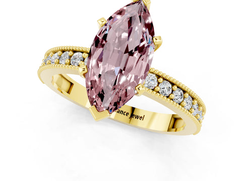 Yellow gold Marquise Cut Morganite Milgrain Pavé Engagement Ring with Four-Prong Setting_1