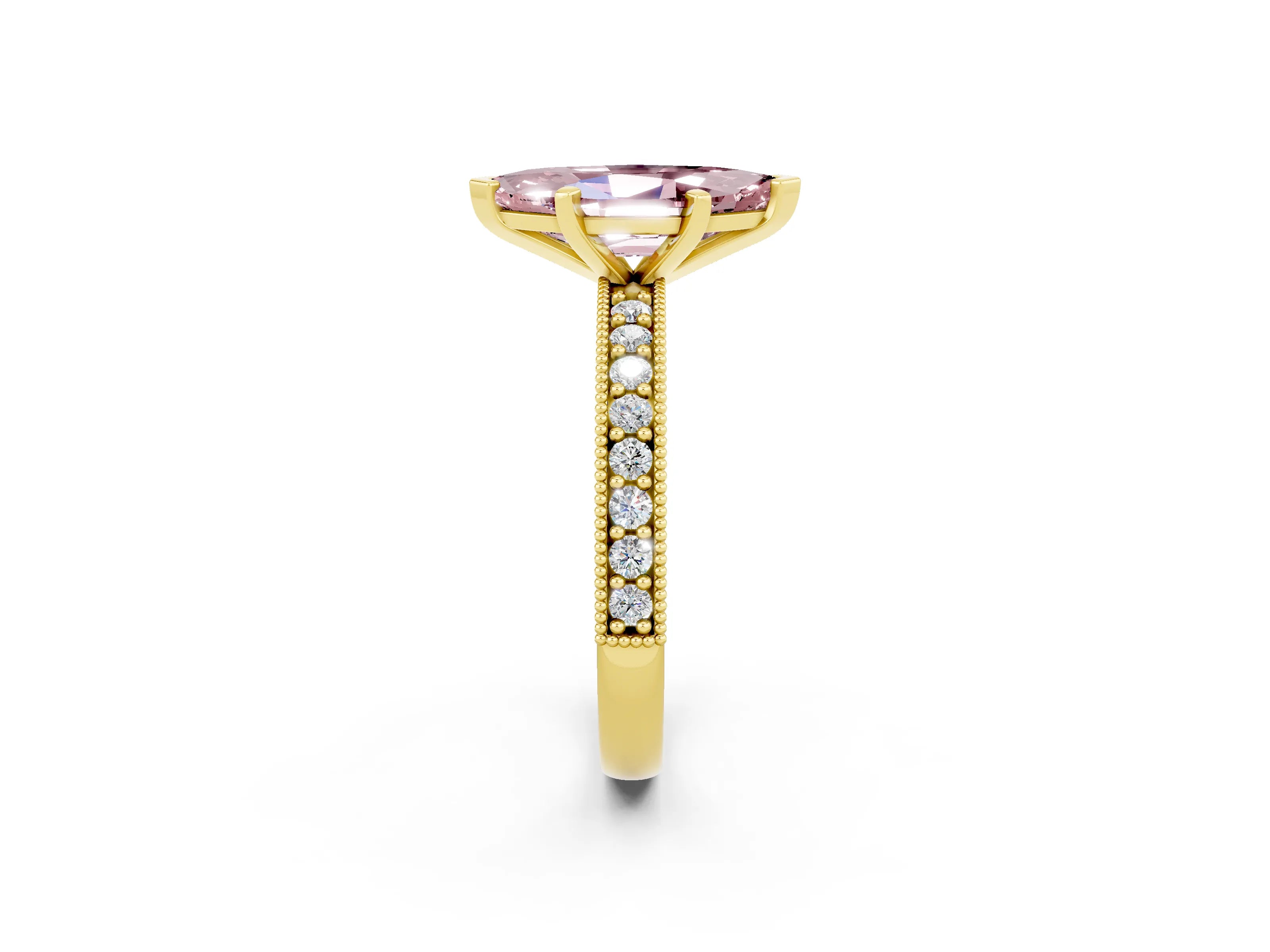 Yellow gold Marquise Cut Morganite Milgrain Pavé Engagement Ring with Four-Prong Setting_2