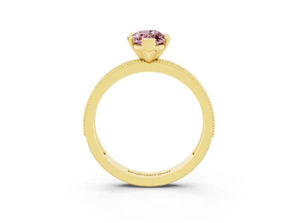 Yellow gold Marquise Cut Morganite Milgrain Pavé Engagement Ring with Four-Prong Setting