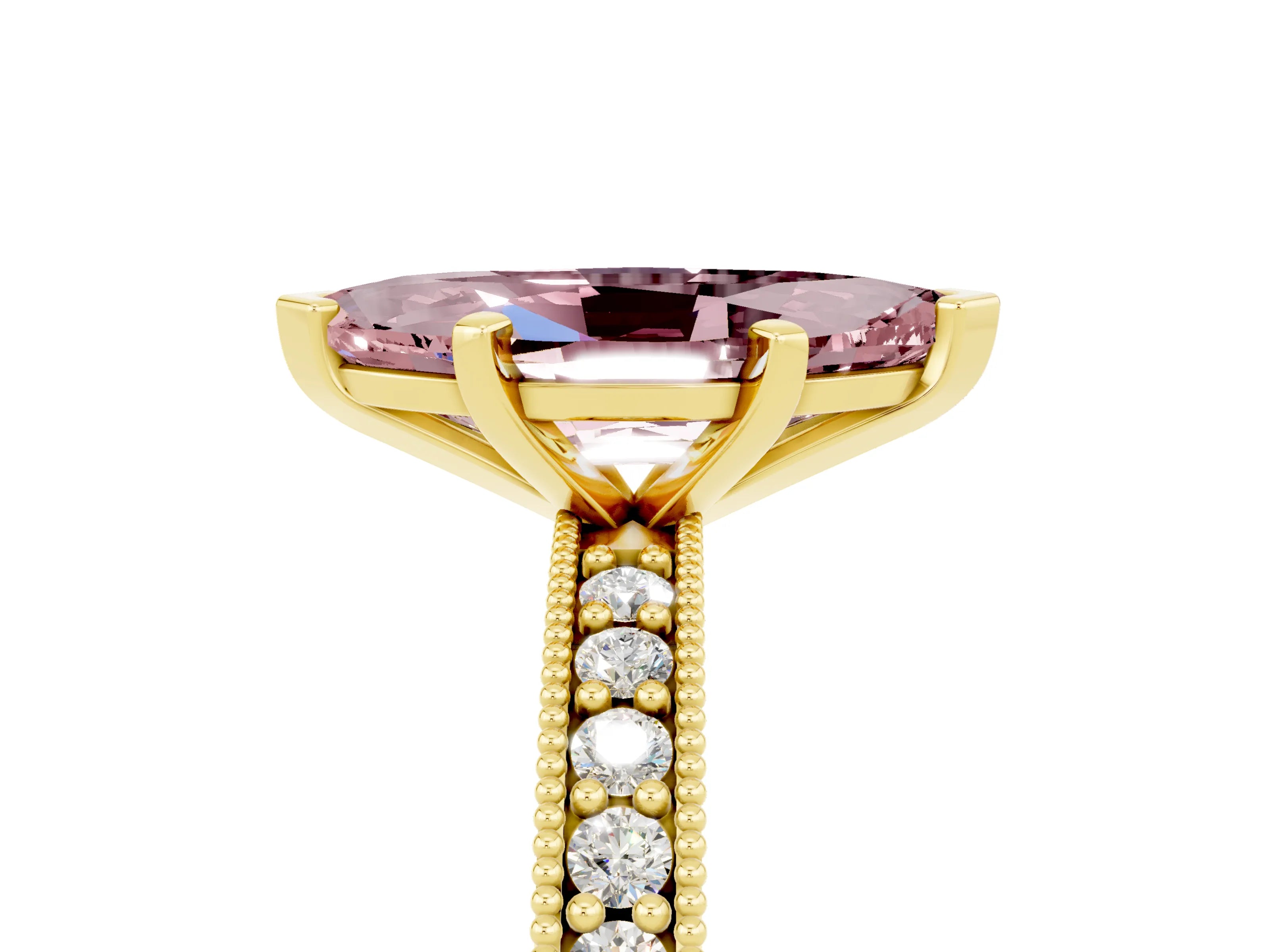 Yellow gold Marquise Cut Morganite Milgrain Pavé Engagement Ring with Four-Prong Setting_5