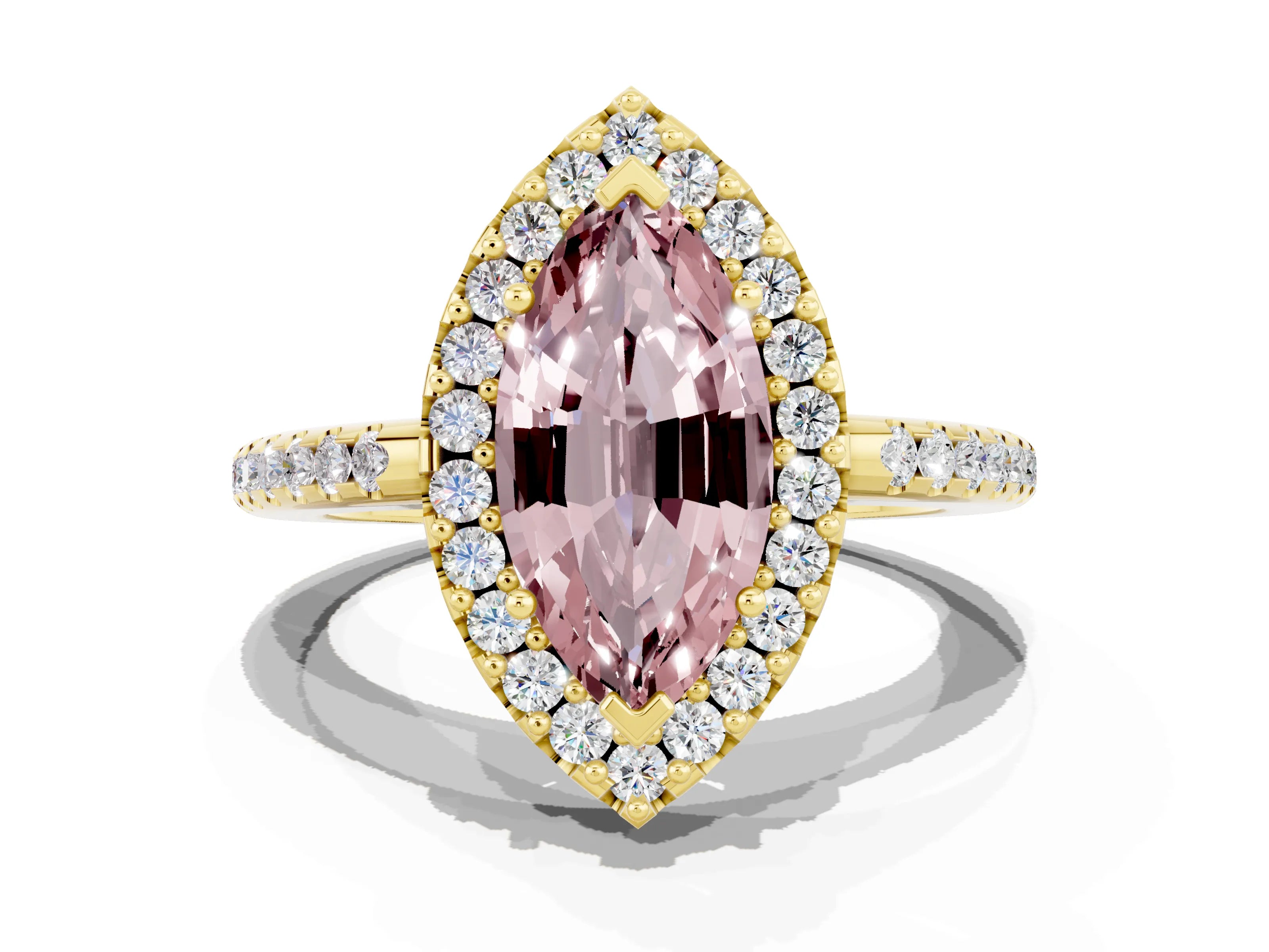 Yellow gold Marquise Cut Morganite Pavé Halo Ring with Four-Prong Setting_12