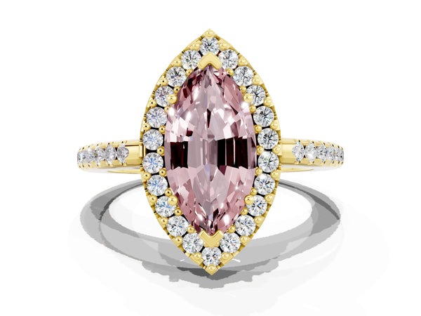 Yellow gold Marquise Cut Morganite Pavé Halo Ring with Four-Prong Setting