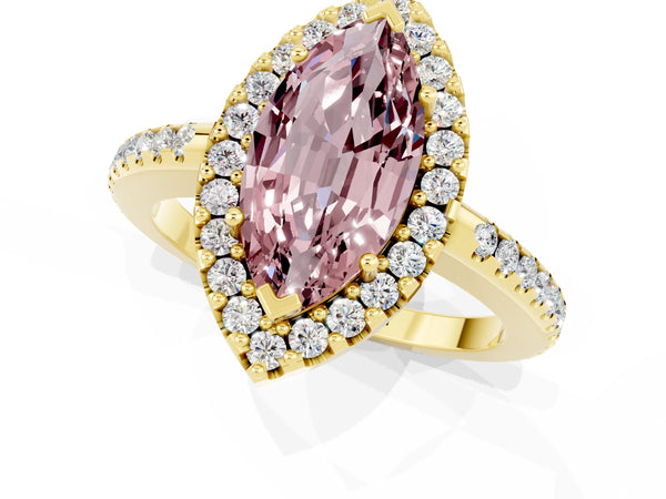 Yellow gold Marquise Cut Morganite Pavé Halo Ring with Four-Prong Setting